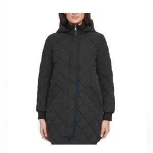 DKNY Women's Black Quilted Hooded Coat Jacket